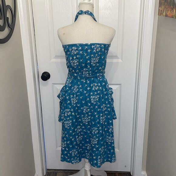 Trovata Blue & White Bird Print Cotton Halter Sundress - Picture 4 of 7